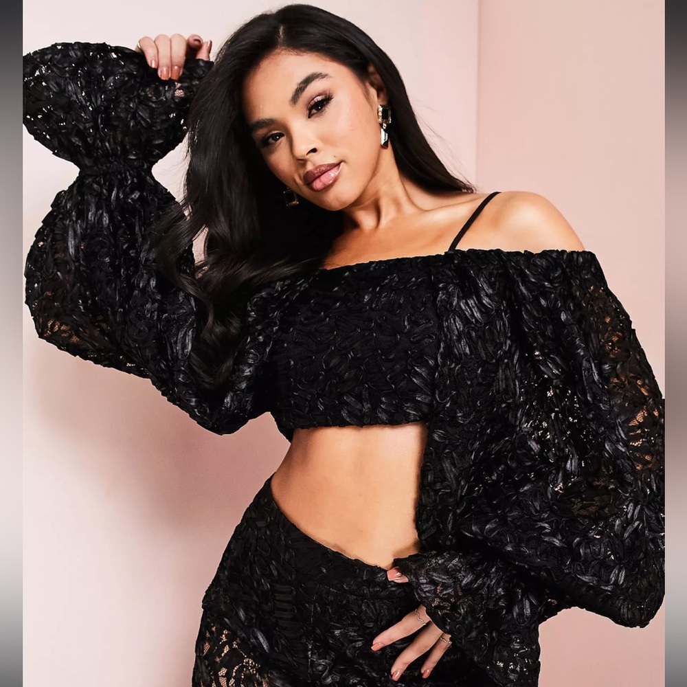 ASOS LUXE 3D lace bardot crop top in black, size 2